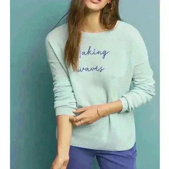 ANTHROPOLOGIE By Charli Cashmere Sweater Embroidered Making Waves Women Med - Picture 1 of 12